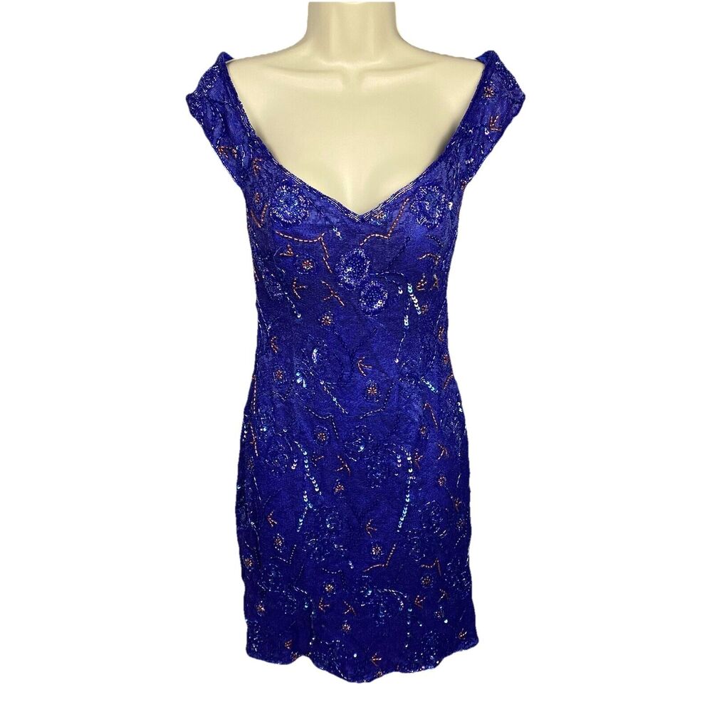 Precious Moments VTG Beaded Cocktail Dress Blue Sequin Off Shoulder Prom‎ Formal